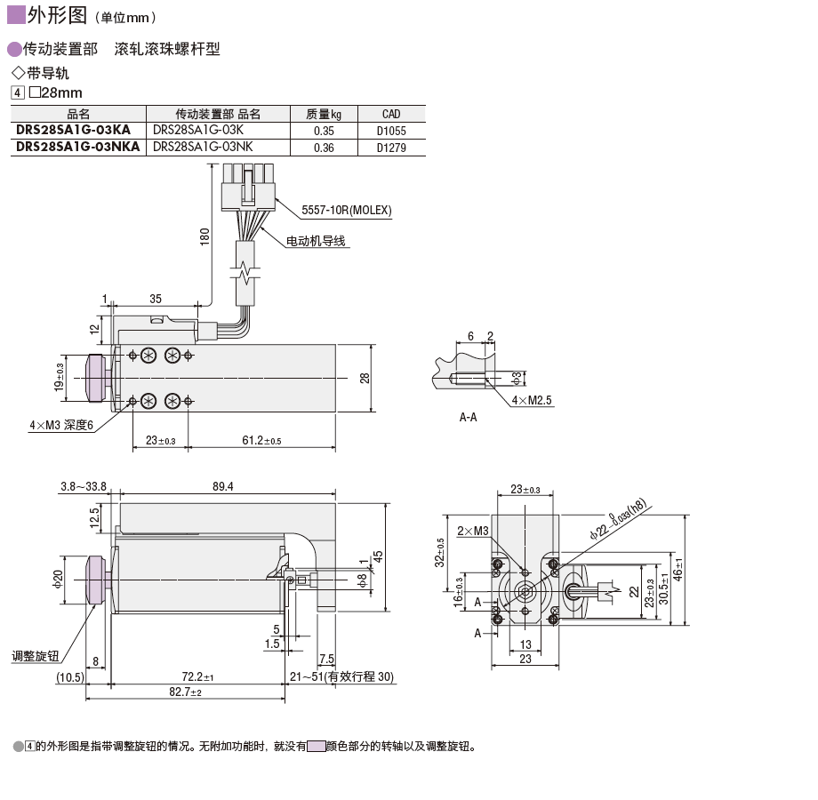 *垂直方向最大可搬运质量: 电源OFF、输出电流OFF时,将失去推力或保持力,而有可能无法保持装载物以及外力。 *使用温度范围在0+10C的最大速度,低于20mm/s。 *最大推力:最大推力是指进行水平方向的均速运行时,并未对可动部分(接头)施加负载时的数值。推力因装载重量与加速度而变。 *最大保持力 电源ON:电流下降(40%)时的保持力。 *分辨率:可设定4种分辨率。