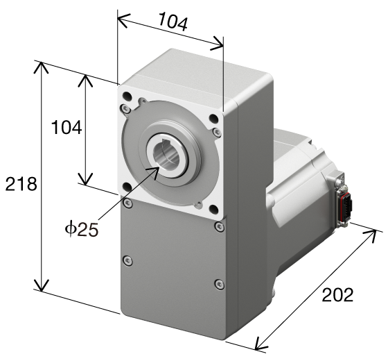 减速电动机三维图示：总高218mm，减速部高104mm，整体宽度104mm，深度202mm，前端配有直径25mm输出轴