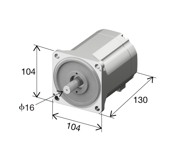 标准电动机三维图示：高度104mm，宽度104mm，深度130mm，前端配有直径16mm输出轴