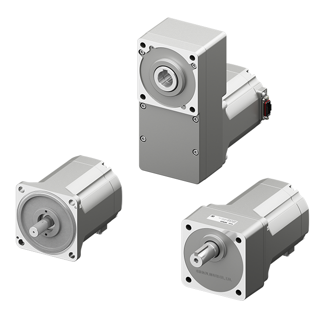 电动机产品3D外观图：上部为减速机一体式电动机，左下为紧凑型电动机，右下为标准型电动机，均采用斜视视角展示工业电动机特征，配有输出轴和法兰安装面